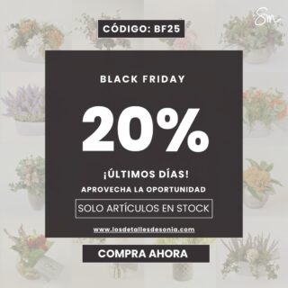Últimos días de nuestro Black Friday!

Aprovecha y lánzate a decorar tus espacios favoritos o a sorprender a quien más quieres con uno de nuestros centros que parecen naturales pero duran para siempre… 

Acertarás!!!

#cuandoloartificialresultanatural #florartificial #artificialflowers blackfriday losdetalles